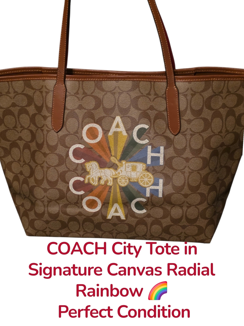 Coach🌈Brown Signature Canvas Tote with Rainbow Radial Logo Euc